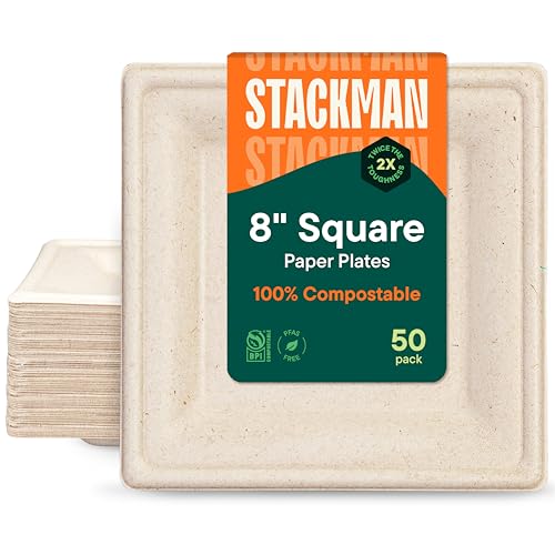Stack Man 100% Compostable Square Paper Plates [50-Pack] - {PFAS-Free} - {BPI Certified} - [8 Inch] Heavy Duty, Eco-Friendly, Biodegradable Bagasse Dinner Plates - Natural Brown 8" Square Plate by Stack Man - Image 1