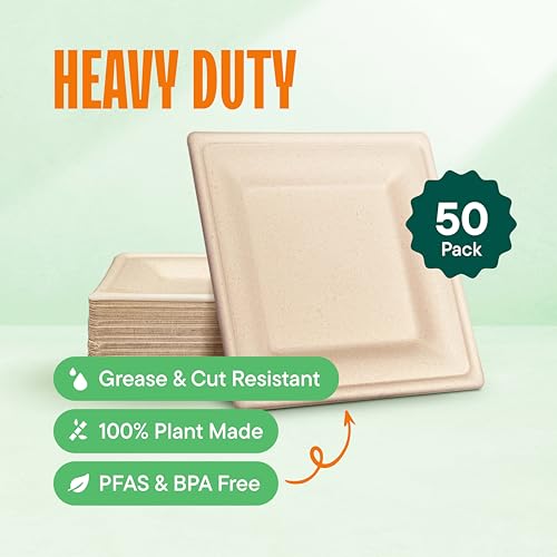 Stack Man 100% Compostable Square Paper Plates [50-Pack] - {PFAS-Free} - {BPI Certified} - [8 Inch] Heavy Duty, Eco-Friendly, Biodegradable Bagasse Dinner Plates - Natural Brown 8" Square Plate by Stack Man - Image 2