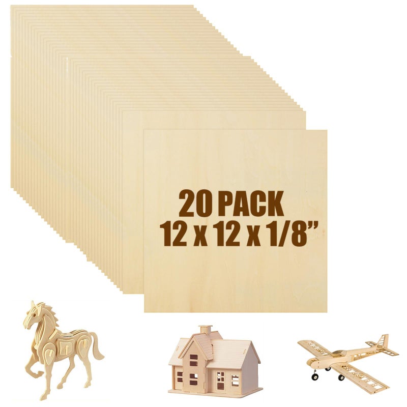 20PCS Basswood Sheets 12x12 Inch Unfinished Square Wood Pieces for Crafting 3mm Plywood Board 18 Thin Wooden Sheets Wood Slices Natural Wood Planks for Craft DIY Arts Project Painting Pyrography