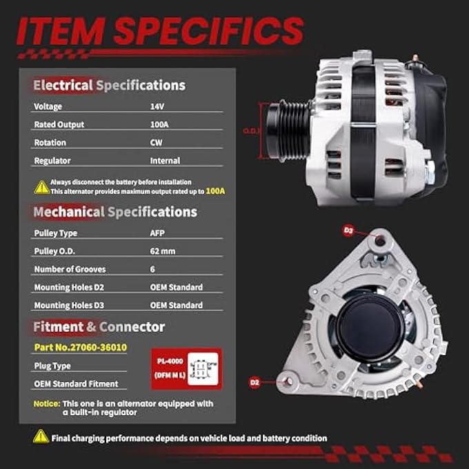 TSSLIIN High Output Alternator Upgraded For/Toyota Camry 2012-2015 For/RAV4 2009-2012 For/Scion tC 2011-2016 L4 2.5L 12V 100Amp CW 6-Groove Pulley 27060-36010 104210-2340 - Image 3