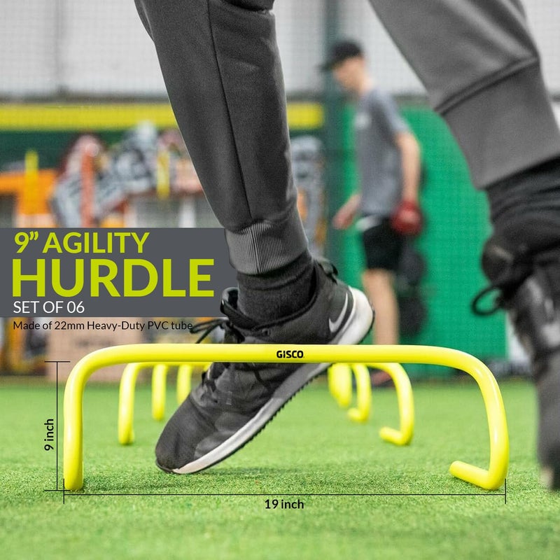 GISCO مجموعة تدريب كرة القدم للسرعة والرشاقة، تشمل حواجز بارتفاع 9 بوصات - 6 قطع + سلم رشاقة بطول 8 م مع حقيبة - قطعة واحدة + مخروط علامة بارتفاع 9 بوصات - 10 قطع + علامة مساحة - 50 قطعة + مظلة سرعة كبيرة - قطعة واحدة + حقيبة مجموعة - Image 2
