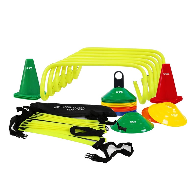 GISCO مجموعة تدريب كرة القدم للسرعة والرشاقة، تشمل حواجز بارتفاع 9 بوصات - 6 قطع + سلم رشاقة بطول 8 م مع حقيبة - قطعة واحدة + مخروط علامة بارتفاع 9 بوصات - 10 قطع + علامة مساحة - 50 قطعة + مظلة سرعة كبيرة - قطعة واحدة + حقيبة مجموعة - Image 1