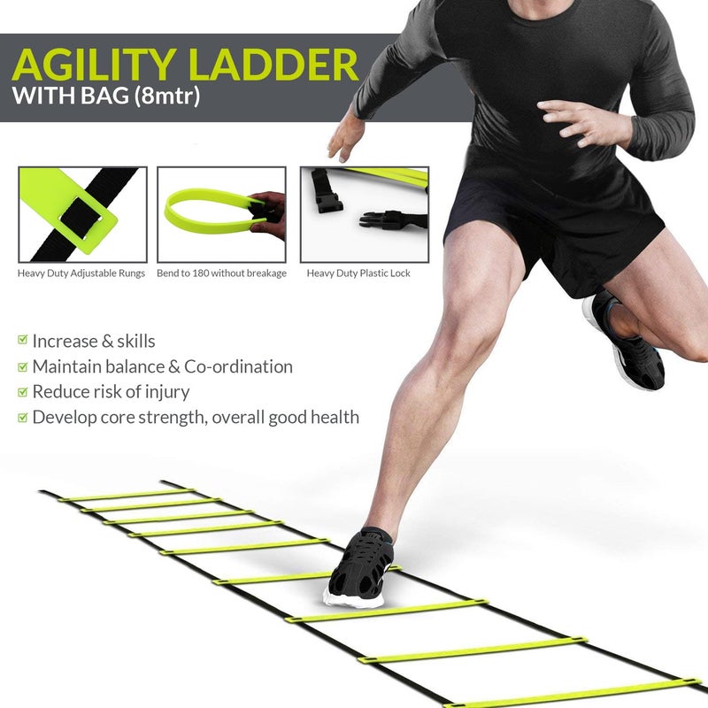 GISCO مجموعة تدريب كرة القدم للسرعة والرشاقة، تشمل حواجز بارتفاع 9 بوصات - 6 قطع + سلم رشاقة بطول 8 م مع حقيبة - قطعة واحدة + مخروط علامة بارتفاع 9 بوصات - 10 قطع + علامة مساحة - 50 قطعة + مظلة سرعة كبيرة - قطعة واحدة + حقيبة مجموعة - Image 4