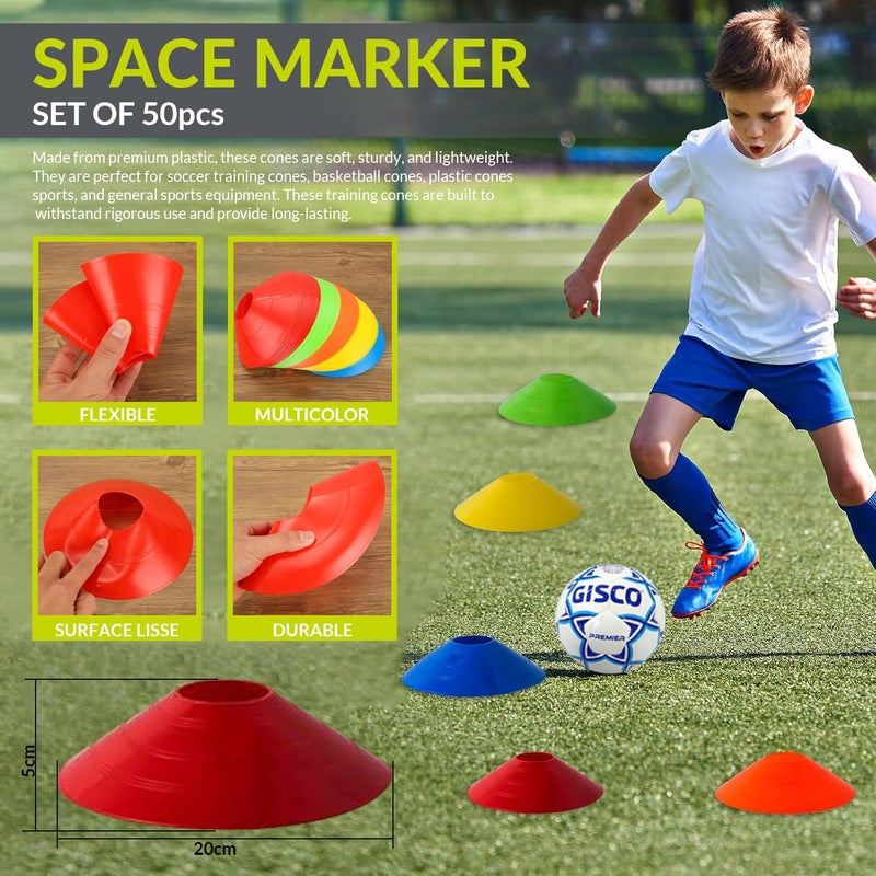 GISCO مجموعة تدريب كرة القدم للسرعة والرشاقة، تشمل حواجز بارتفاع 9 بوصات - 6 قطع + سلم رشاقة بطول 8 م مع حقيبة - قطعة واحدة + مخروط علامة بارتفاع 9 بوصات - 10 قطع + علامة مساحة - 50 قطعة + مظلة سرعة كبيرة - قطعة واحدة + حقيبة مجموعة - Image 5