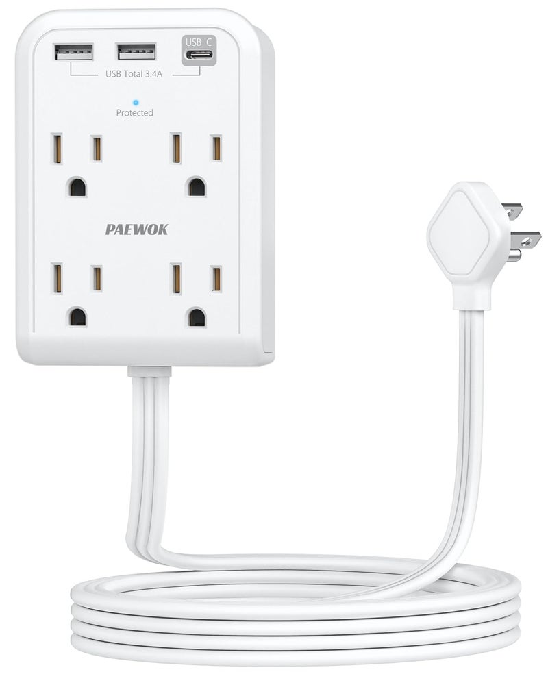 PAEWOK موزع طاقة واقي من الزيادة، عصا توصيل مع منافذ USB C، 4 منافذ 3 USB، سلك تمديد بموصل مسطح 6 قدم، أساسيات المنزل والمكتب وغرفة النوم، أبيض - Image 1