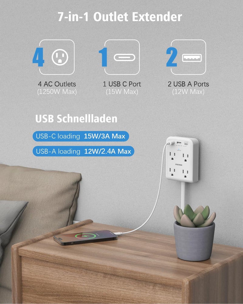 PAEWOK موزع طاقة واقي من الزيادة، عصا توصيل مع منافذ USB C، 4 منافذ 3 USB، سلك تمديد بموصل مسطح 6 قدم، أساسيات المنزل والمكتب وغرفة النوم، أبيض - Image 4