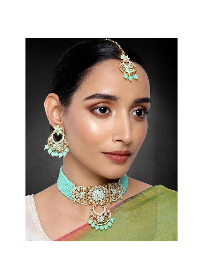 Aheli - Ethnic Kundan Choker Necklace Indian Traditional Bollywood Fashion Jewelry Set With Earrings For Women Girls (Mint) - Image 1