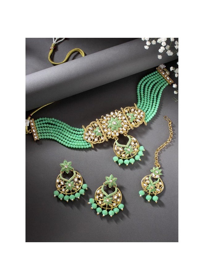 Aheli - Ethnic Kundan Choker Necklace Indian Traditional Bollywood Fashion Jewelry Set With Earrings For Women Girls (Mint) - Image 1
