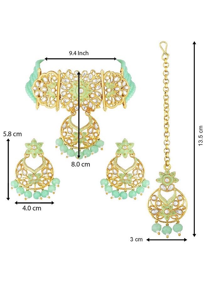 Aheli - Ethnic Kundan Choker Necklace Indian Traditional Bollywood Fashion Jewelry Set With Earrings For Women Girls (Mint) - Image 1