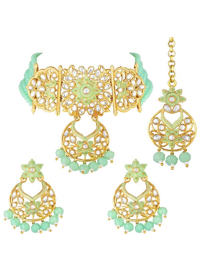 Aheli - Ethnic Kundan Choker Necklace Indian Traditional Bollywood Fashion Jewelry Set With Earrings For Women Girls (Mint) - Image 1