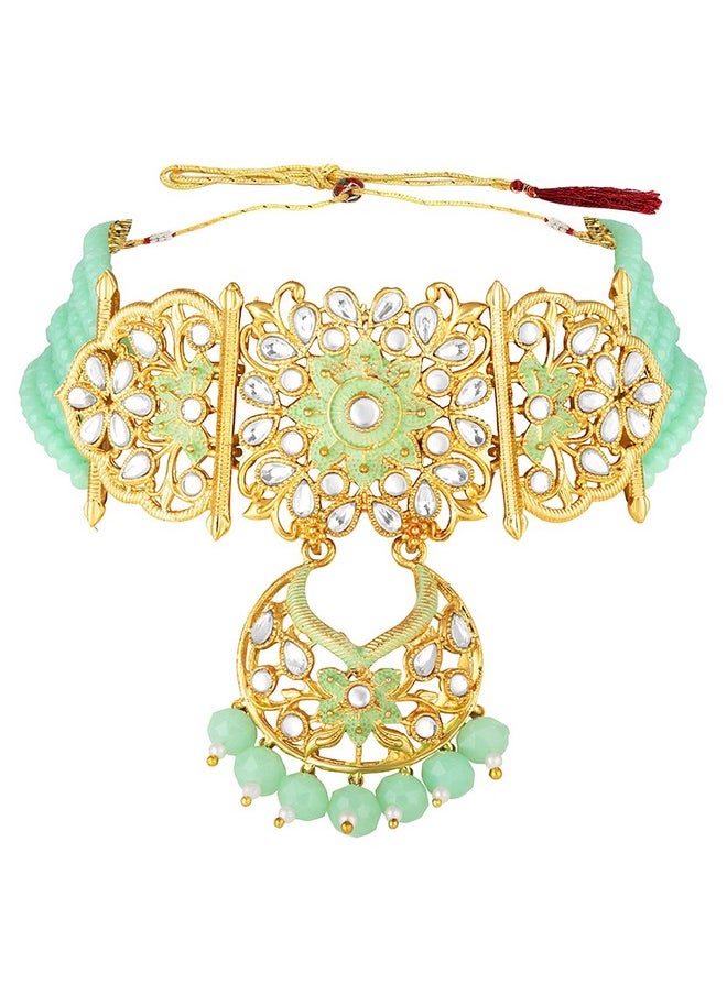 Aheli - Ethnic Kundan Choker Necklace Indian Traditional Bollywood Fashion Jewelry Set With Earrings For Women Girls (Mint) - Image 1