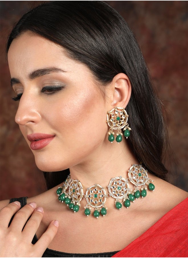 ISHIN Women's Gold Plated Green & White Stone Studded Choker Jewellery Set  - Image 1