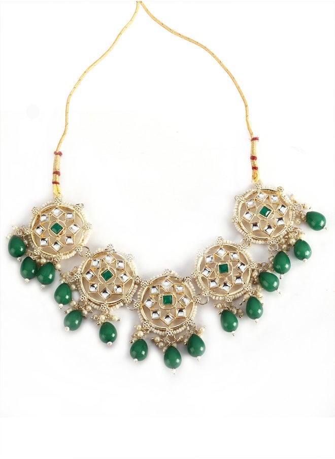 ISHIN Women's Gold Plated Green & White Stone Studded Choker Jewellery Set  - Image 2