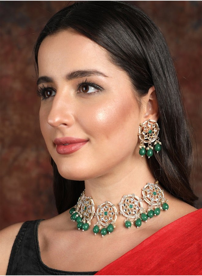ISHIN Women's Gold Plated Green & White Stone Studded Choker Jewellery Set  - Image 4