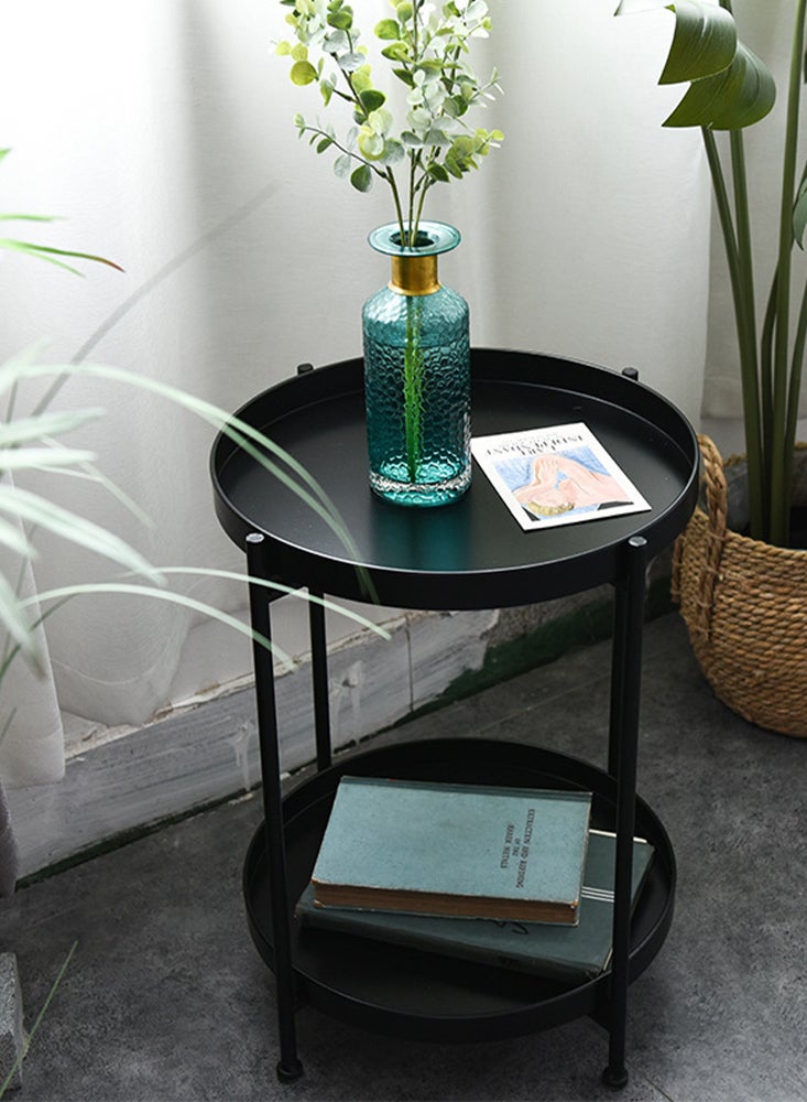 Perfii طاولة معدنية مستديرة مكونة من طبقتين مع صينية قابلة للإزالة، طاولة قابلة للطي ومقاومة للماء لغرفة المعيشة والشرفة والمكتب - Image 5