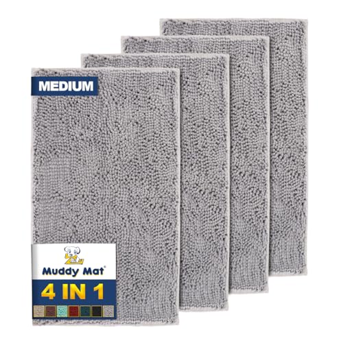 Muddy Mat® 4-Piece Grey Medium 30"X19" AS-SEEN-ON-TV Highly Absorbent Microfiber Door Mat, Bath Mat and Pet Rug, Non Slip Thick Washable, Soft Chenille for Kitchen Bathroom Bedroom Indoor and Outdoor - Image 1
