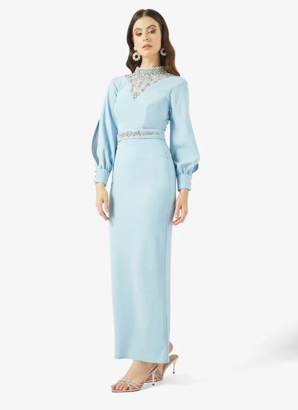 AINA Embellished High Neck Belted Column Gown