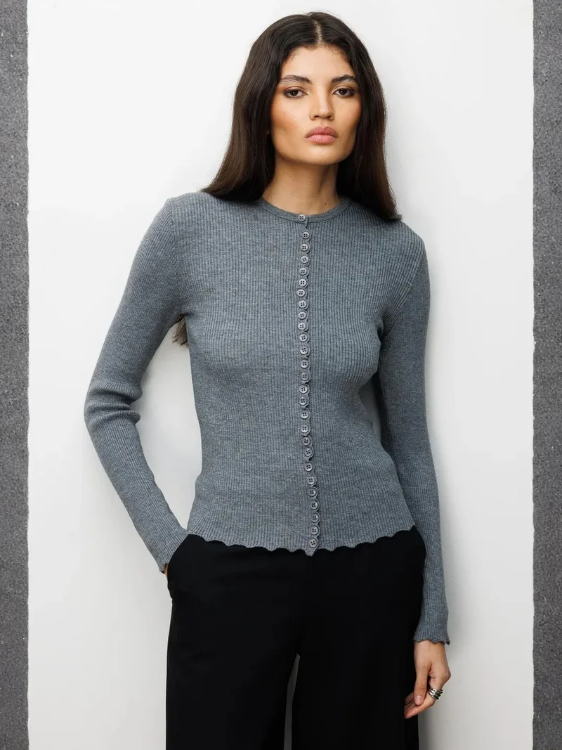 Mixray Grey MIXRAY Ribbed Knit Buttoned Cardigan for Women | Best Price UAE