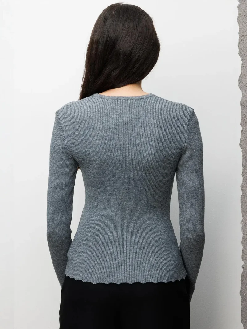 Mixray Grey MIXRAY Ribbed Knit Buttoned Cardigan for Women | Best Price UAE