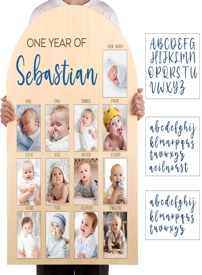 Leinuosen 33 x 22 Inch My First Year Photo Board 12 Monthly Picture Frame with DIY Name Felt Letters 1st Birthday Decorations Gifts for Boy Girl Newborn Keepsake, Fits 4 x 6 Photos(Blue) - Image 1