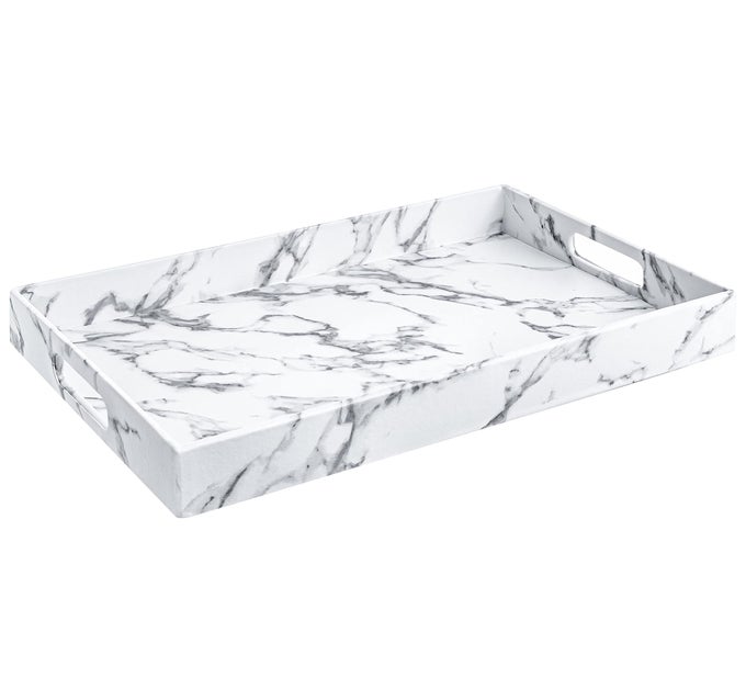 MODERN ELEGANT 18X12 RECTANGLE WHITE MARBLE FAUX LEATHER DECORATIVE TRAY OTTOMAN COFFEE TABLE PERFUME LIVING ROOM KITCHEN SERVING TRAY DISPLAY VANITY WITH HANDLES FOR ALL OCCASIONS