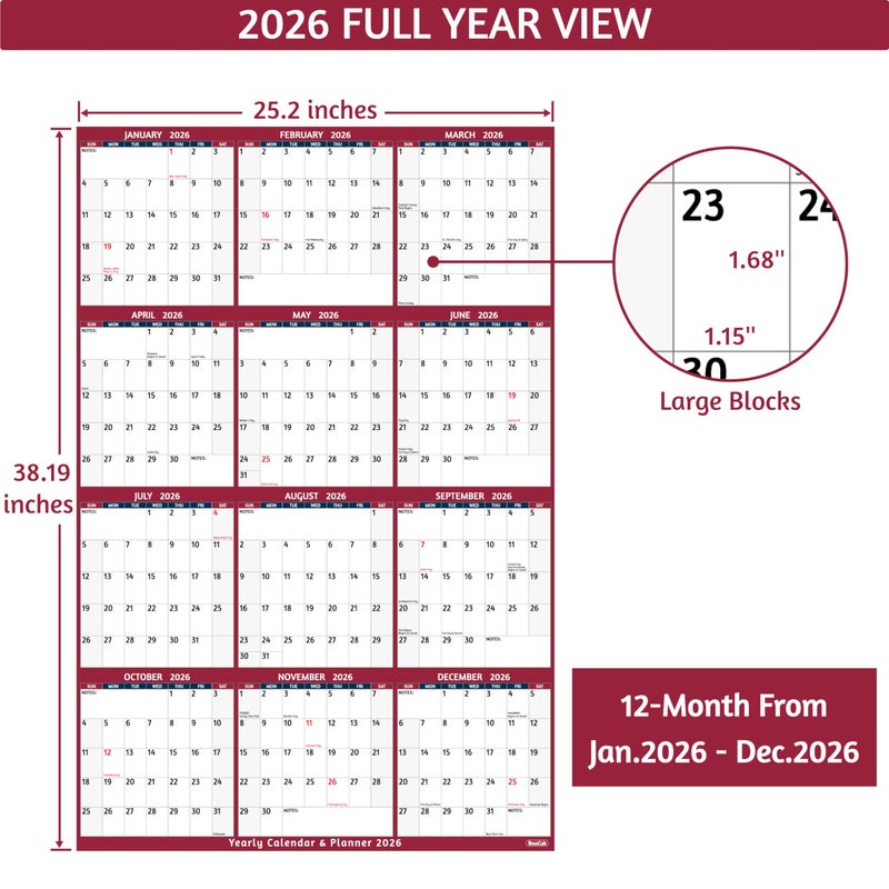 BowCuk 2026 Yearly Wall Calendar - Large Yearly Calendar 2026, Jan 2026 - Dec 2026, 25.2" x 38.2" (Open), 2026 Calendar, Large Wall Calendar 2026, Full Year Paper with Notes, Thicker Paper - Red - Image 4