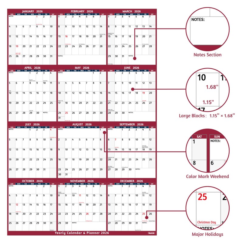 BowCuk 2026 Yearly Wall Calendar - Large Yearly Calendar 2026, Jan 2026 - Dec 2026, 25.2" x 38.2" (Open), 2026 Calendar, Large Wall Calendar 2026, Full Year Paper with Notes, Thicker Paper - Red - Image 3