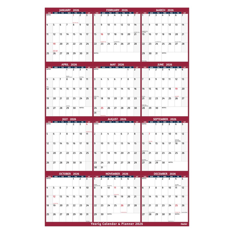 BowCuk 2026 Yearly Wall Calendar - Large Yearly Calendar 2026, Jan 2026 - Dec 2026, 25.2" x 38.2" (Open), 2026 Calendar, Large Wall Calendar 2026, Full Year Paper with Notes, Thicker Paper - Red - Image 1