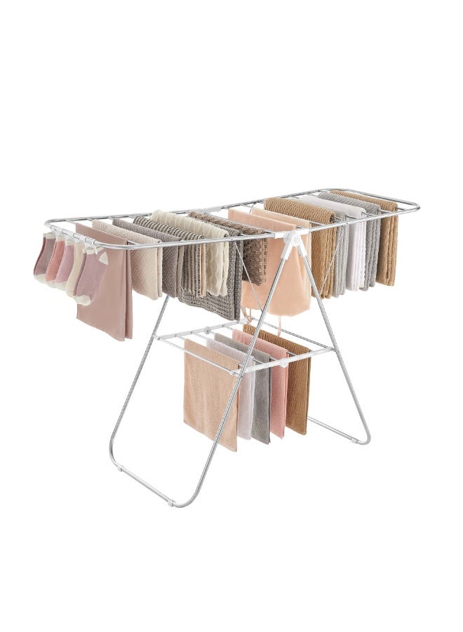 SONGMICS Clothes Drying Rack, with Sock Clips, Metal Laundry Rack, Foldable, Space-Saving, Free-Standing Airer, with 2 Height-Adjustable Gullwings, Indoor Outdoor Use, Silver and White - Image 2