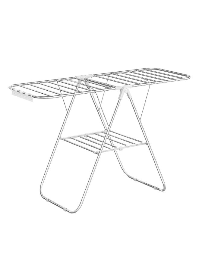 SONGMICS Clothes Drying Rack, with Sock Clips, Metal Laundry Rack, Foldable, Space-Saving, Free-Standing Airer, with 2 Height-Adjustable Gullwings, Indoor Outdoor Use, Silver and White - Image 1