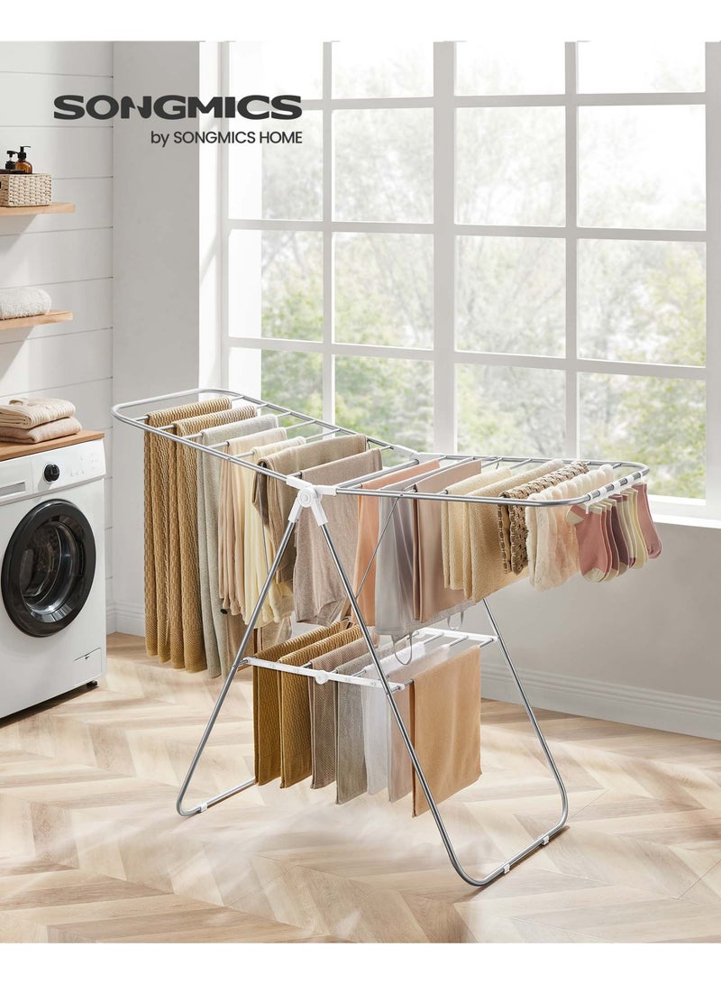 SONGMICS Clothes Drying Rack, with Sock Clips, Metal Laundry Rack, Foldable, Space-Saving, Free-Standing Airer, with 2 Height-Adjustable Gullwings, Indoor Outdoor Use, Silver and White - Image 3