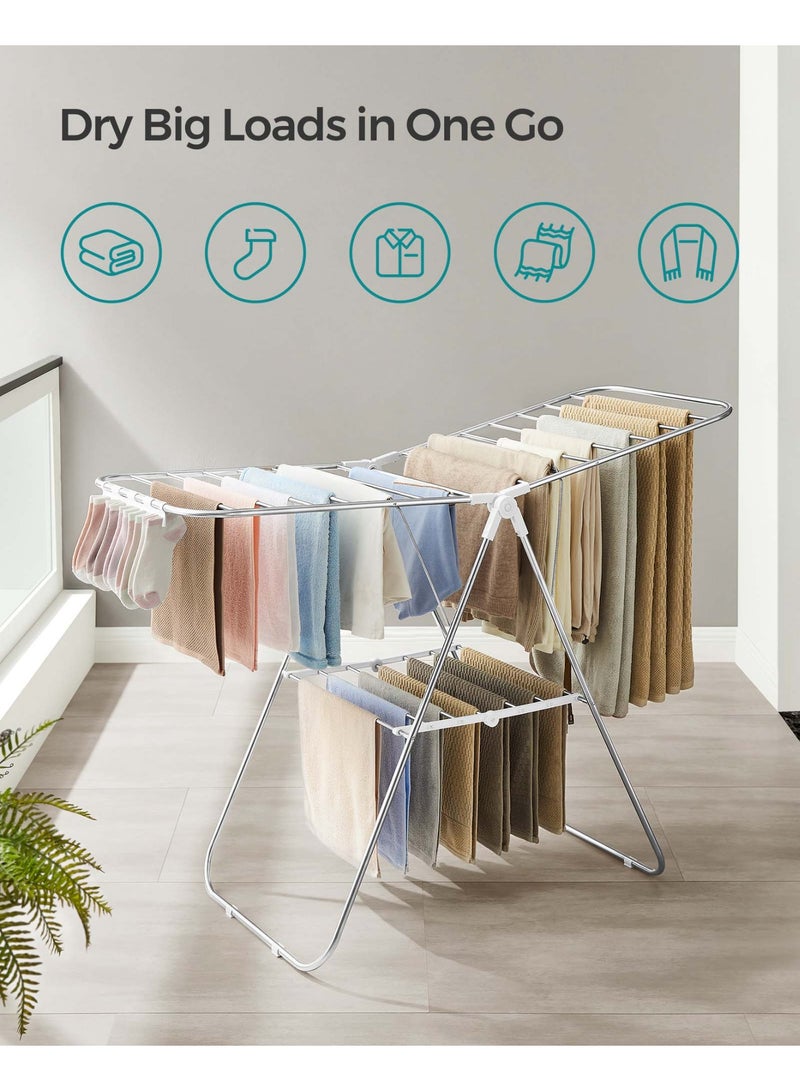 SONGMICS Clothes Drying Rack, with Sock Clips, Metal Laundry Rack, Foldable, Space-Saving, Free-Standing Airer, with 2 Height-Adjustable Gullwings, Indoor Outdoor Use, Silver and White - Image 4