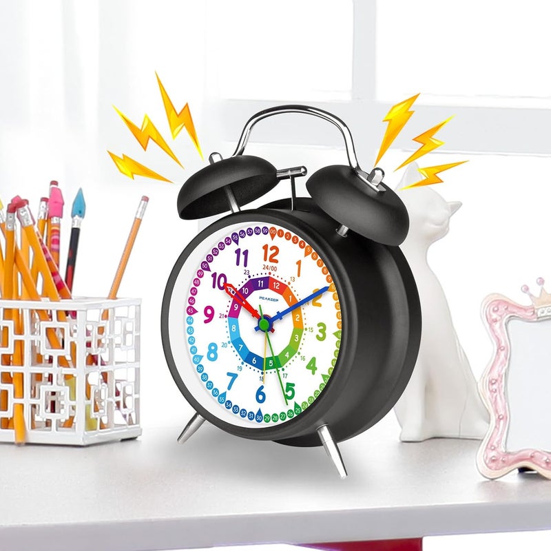 Peakeep Loud Alarm Clock for Kids Learning Telling Time Teaching Clock, 4.5" Rainbow-Colored Twin Bell Analog Alarm Clock Battery Operated for Heavy Sleepers Adults Teenagers Kids - Image 2