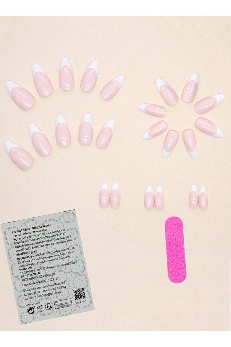 Long French fake nails in almond shape. The box contains 24 nails with a nail file and glue. - Image 2