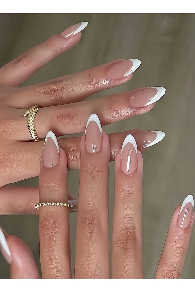 Long French fake nails in almond shape. The box contains 24 nails with a nail file and glue. - Image 1