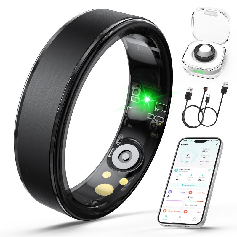 Giwbeiv Smart Ring for Women Men, Health Fitness Tracker Ring with Heart Rate/Sleep Tracker/Blood Oxygen/HRV/Stress/Calorie/Steps, IP68 Waterproof for iOS & Android, No APP Fees(Black,9#) - Image 1