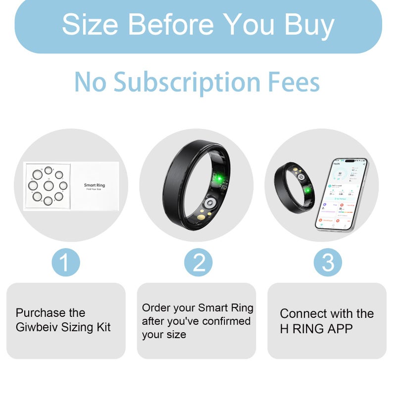 Giwbeiv Smart Ring for Women Men, Health Fitness Tracker Ring with Heart Rate/Sleep Tracker/Blood Oxygen/HRV/Stress/Calorie/Steps, IP68 Waterproof for iOS & Android, No APP Fees(Black,9#) - Image 2