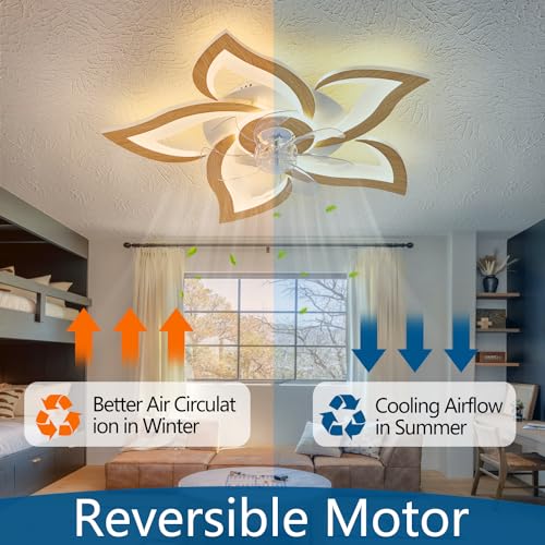Dalouguan Geometric Ceiling Fan with Lights and Remote Control, Wooden Fan with 3 Light Colors, 6 Speeds - Low Profile Flush Mount for Kitchen, Bedroom, Living Room - Image 2