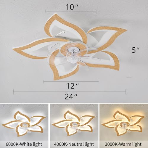Dalouguan Geometric Ceiling Fan with Lights and Remote Control, Wooden Fan with 3 Light Colors, 6 Speeds - Low Profile Flush Mount for Kitchen, Bedroom, Living Room - Image 5