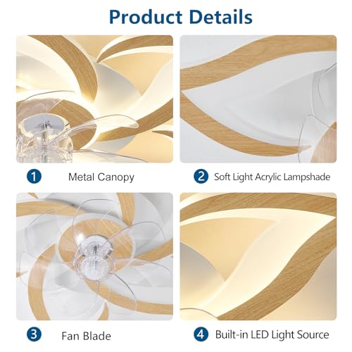 Dalouguan Geometric Ceiling Fan with Lights and Remote Control, Wooden Fan with 3 Light Colors, 6 Speeds - Low Profile Flush Mount for Kitchen, Bedroom, Living Room - Image 4