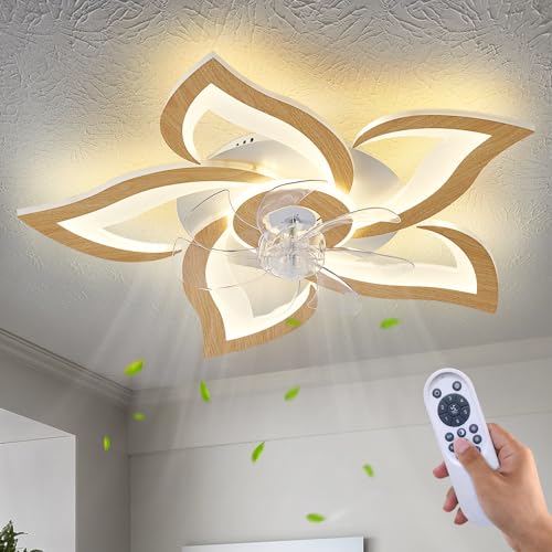 Dalouguan Geometric Ceiling Fan with Lights and Remote Control, Wooden Fan with 3 Light Colors, 6 Speeds - Low Profile Flush Mount for Kitchen, Bedroom, Living Room - Image 1