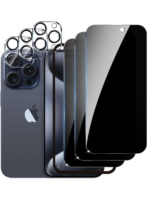 For iPhone 15 Pro Max Privacy Screen Protector 3 Pack Tempered Glass Anti-Spy Accessories with 3 Pack Camera Lens Protector