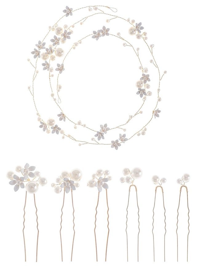 SELFCLOUD Handmade Pearl Bridal Hair Vine Wedding Hair Accessories Sparkling Pins Set Bride Wedding Pieces for Women and Girls Hair Jewelry Brides Headpieces Crystal 40'' Light Gold 7 Pcs - Image 1