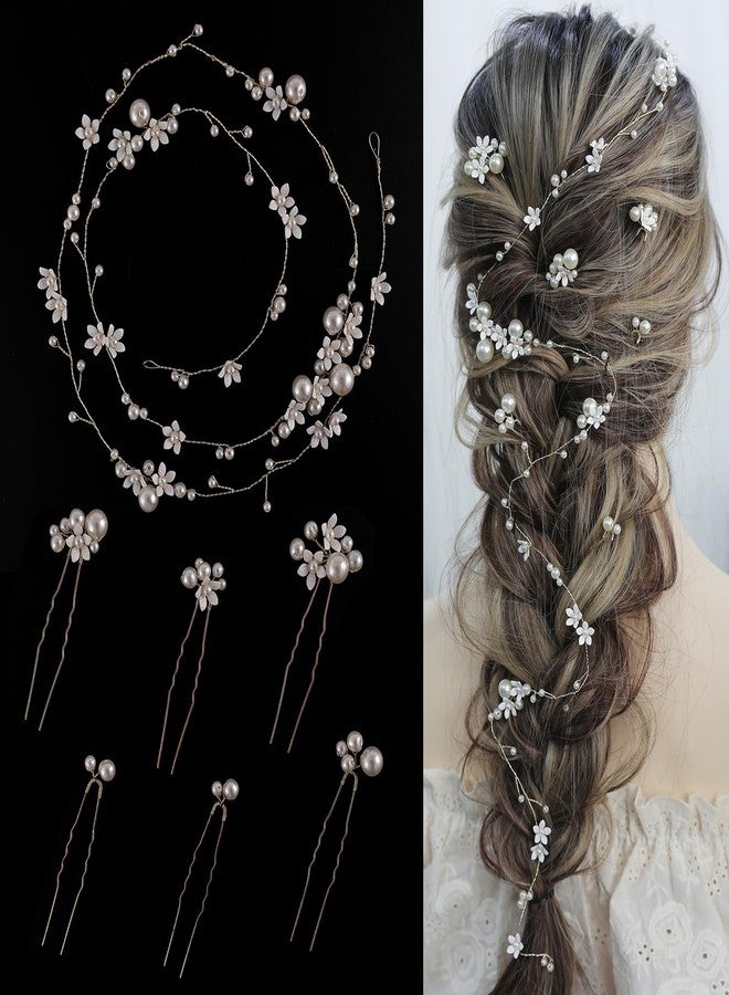 SELFCLOUD Handmade Pearl Bridal Hair Vine Wedding Hair Accessories Sparkling Pins Set Bride Wedding Pieces for Women and Girls Hair Jewelry Brides Headpieces Crystal 40'' Light Gold 7 Pcs - Image 2