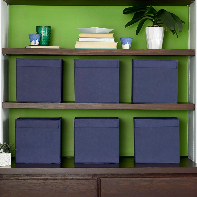 Household Essentials 87-1 Foldable Fabric Storage Bins | Set of 6 Cubby Cubes with Flap Handle, Navy Blue - Image 2