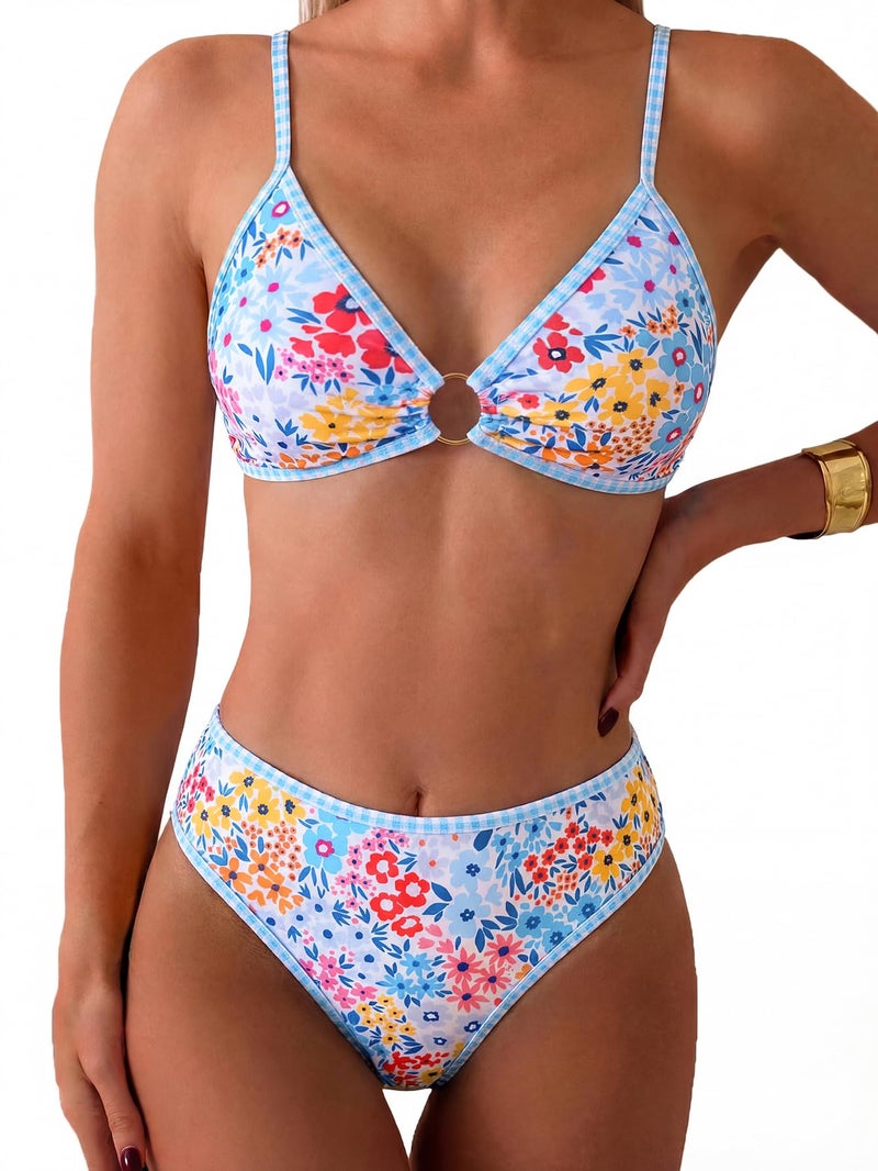 Tainehs Women's Two Piece Bikini Sets O Ring Front Top Ditsy Floral Triangle Swimsuits Cheeky Bathing Suit - Image 1