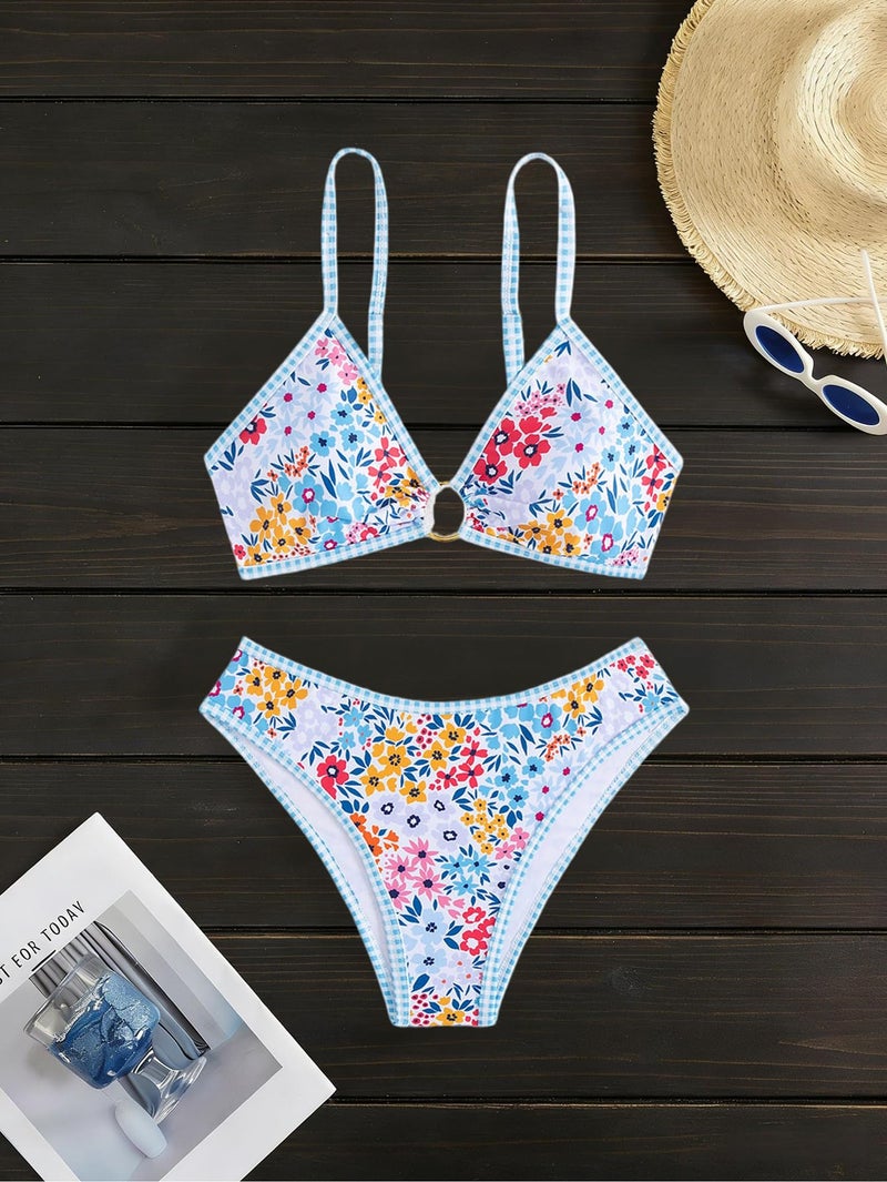 Tainehs Women's Two Piece Bikini Sets O Ring Front Top Ditsy Floral Triangle Swimsuits Cheeky Bathing Suit - Image 4