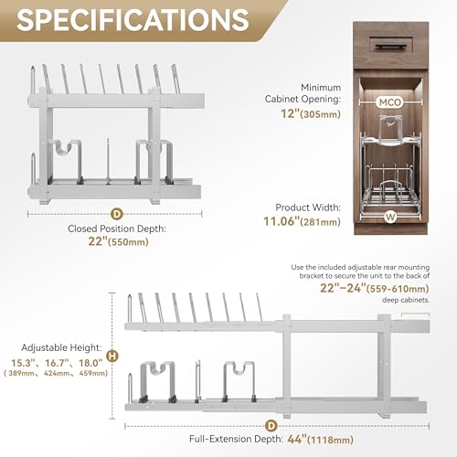 STORKING 2-Tier Kitchen Pull out Cabinet Organizer for Pots, Pans, and Lid Cookware, Adjustable Heavy Duty Wire Pan and Pot Rack, Full-Extension Rail 12" W *22" D - Image 2