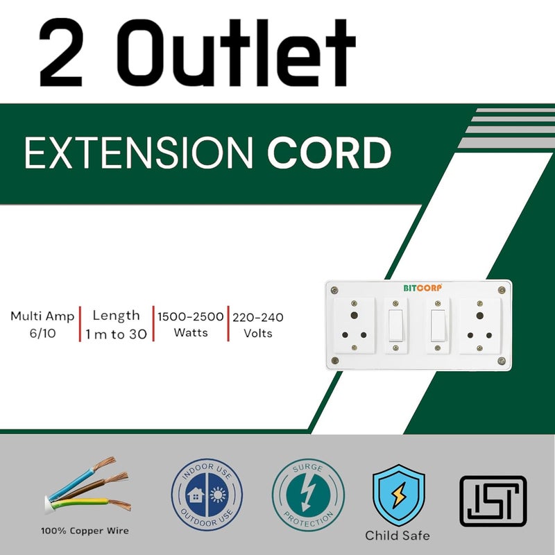 Bitcorp Extension Board Small and Heavy Duty Junction Box 6A 10A 13A 2 Way Socket 2 Switch 2000W High Voltage with Thermal Protection Surge Control 2 Meter Long Cable Cord White - Image 2