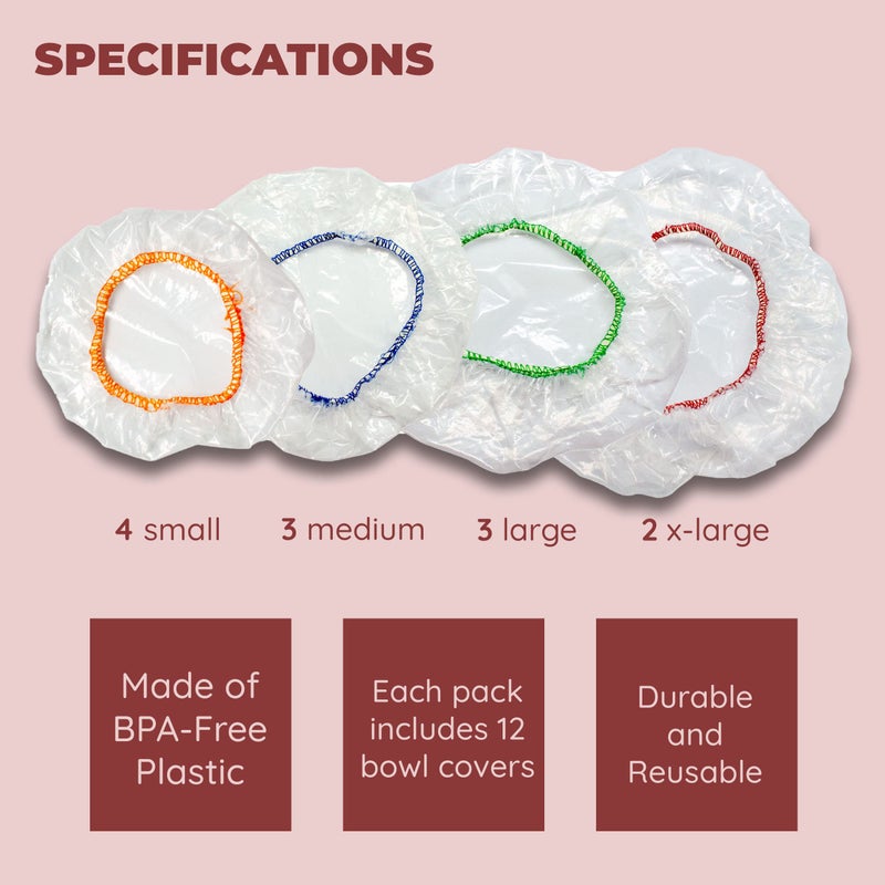Brite Concepts Culinary Elements Reusable Bowl Covers, 12 (Twelve)-Count, 4 Different Sizes with Elastic, Multi-Purpose Plastic Food Storage Cover sfor Leftovers, Dishes, Watermelons, And More  - Image 5